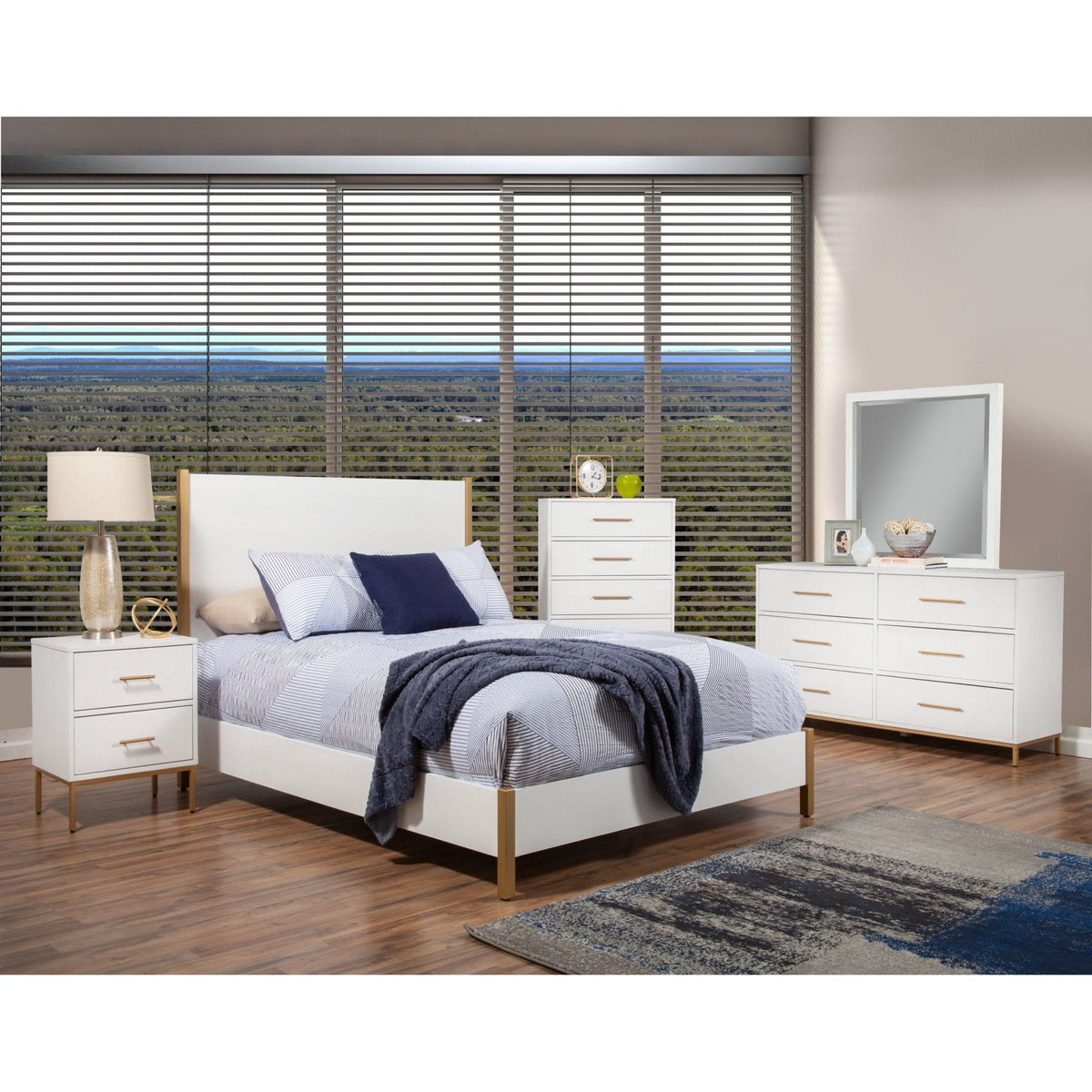 Madelyn Upholstered Panel Bed in Neutral White with Gold Legs – view 2