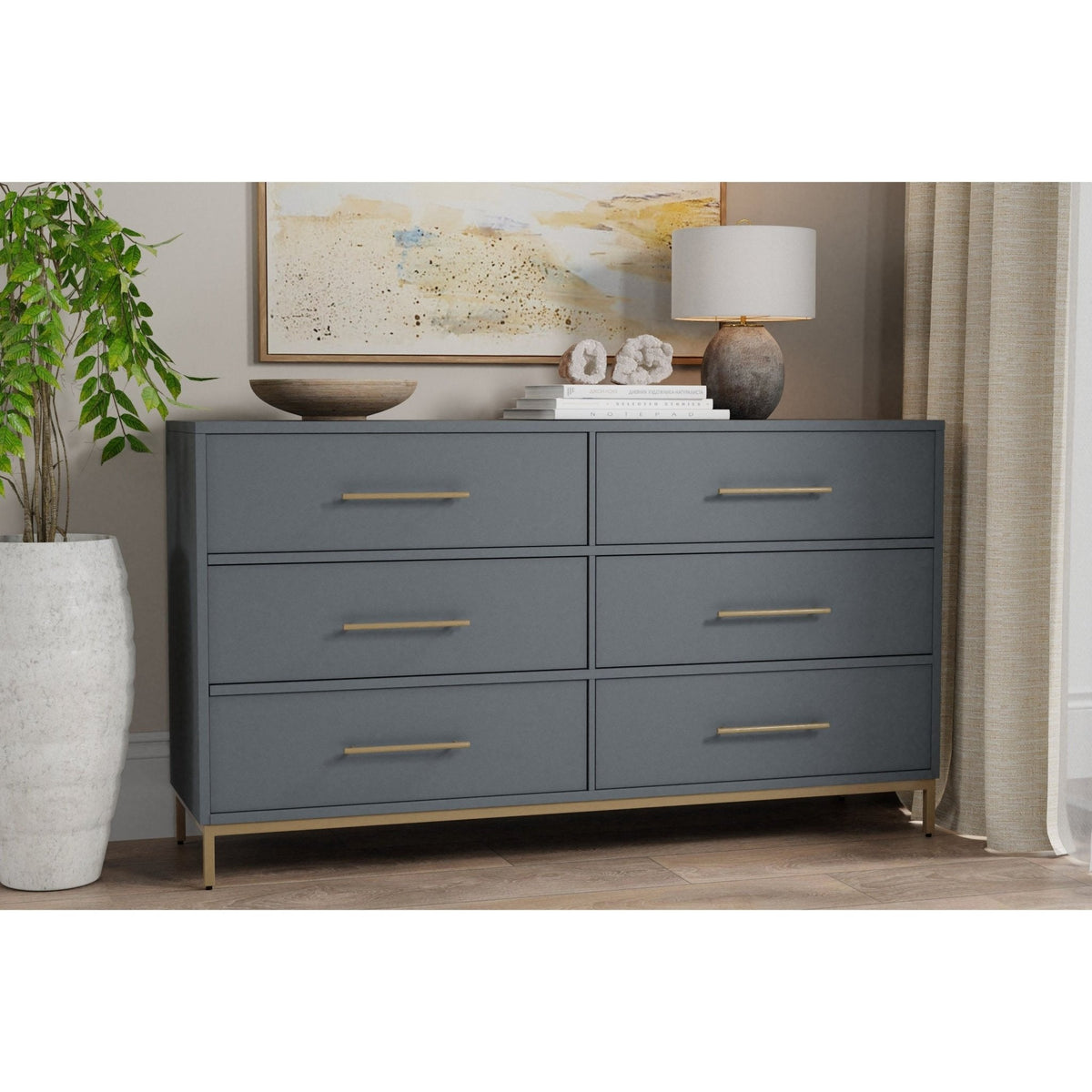 Mahogany Six-Drawer Dresser, Slate Gray Finish