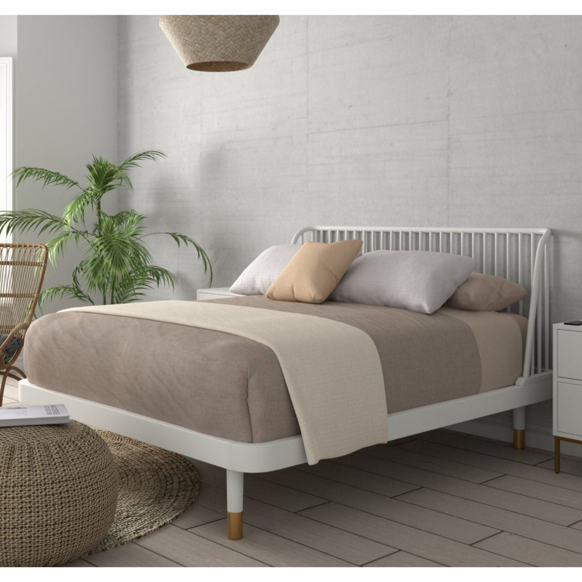 White Wooden Platform Bed with Slat Back Design and Gold Legs