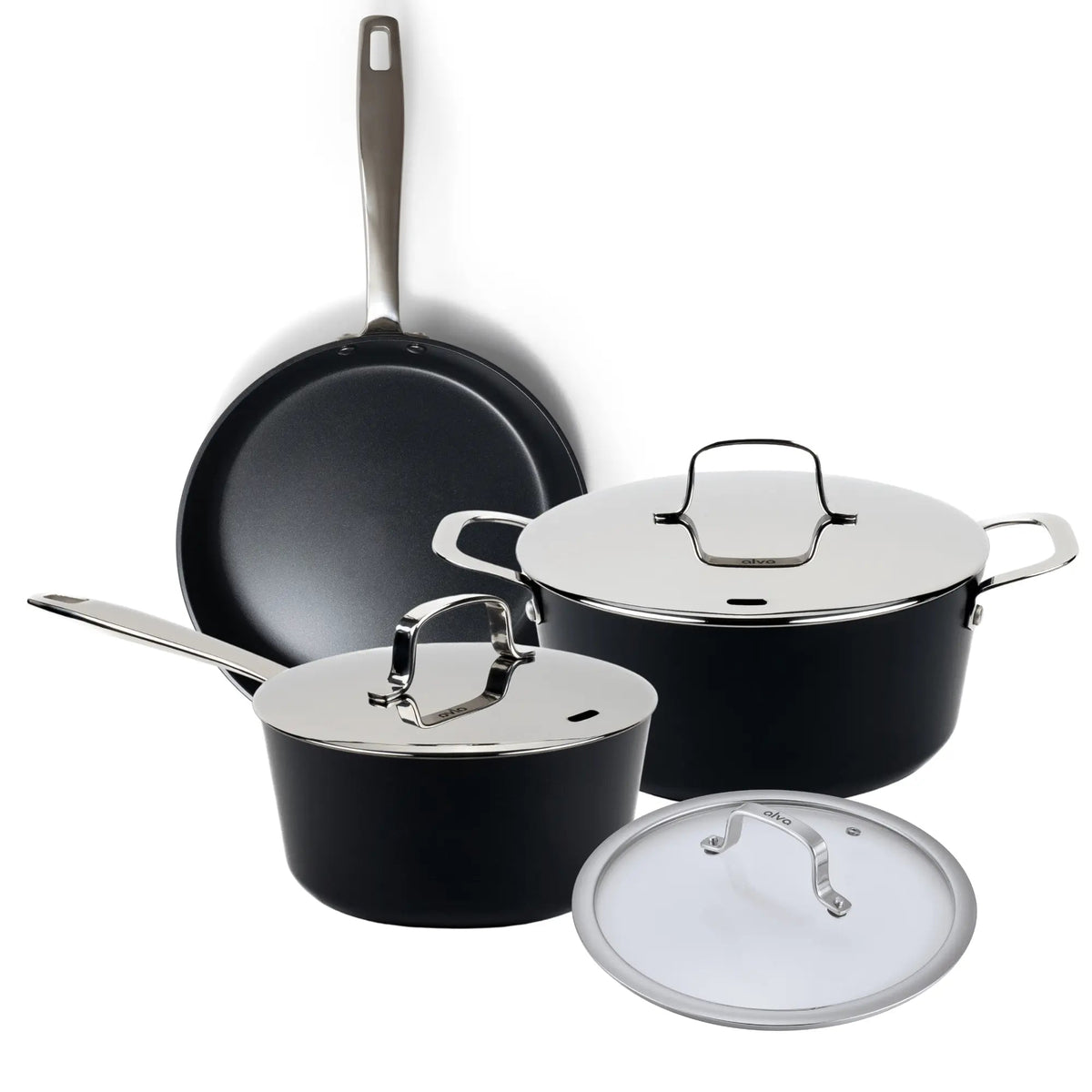 Ceramic nonstick cookware set with fry pan, saucepan and stock pot with lids on a kitchen counter