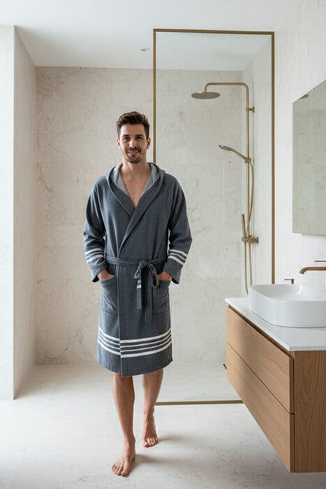 Organic Turkish Cotton Hooded Short Bathrobe, Knee-Length Unisex – view 2