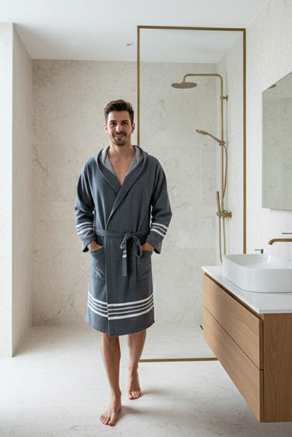 Organic Turkish Cotton Hooded Short Bathrobe, Knee-Length Unisex – view 2