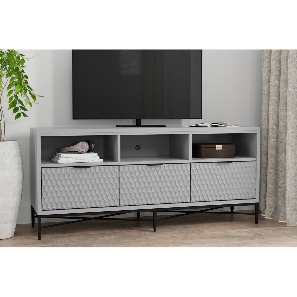 Milo Mahogany TV Console with Pewter Metal Base, Gray – view 4