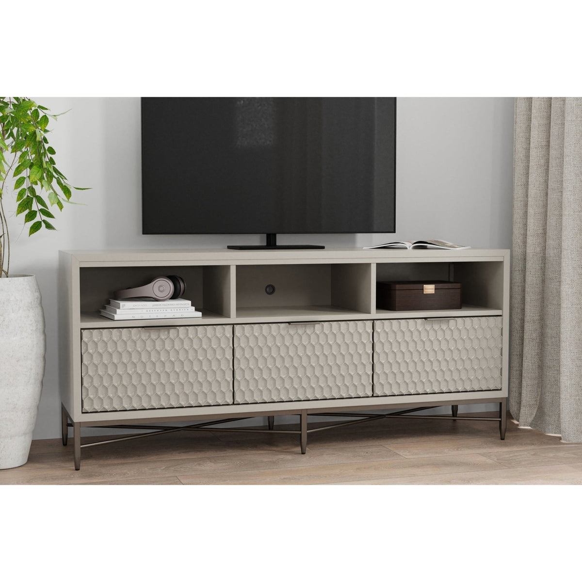 Mahogany and Pewter Metal Milo TV Console in Grey