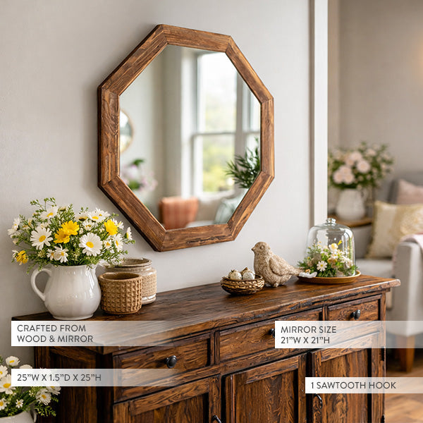 Octagonal Natural Wood Frame Wall Mirror for Farmhouse Decor – view 3