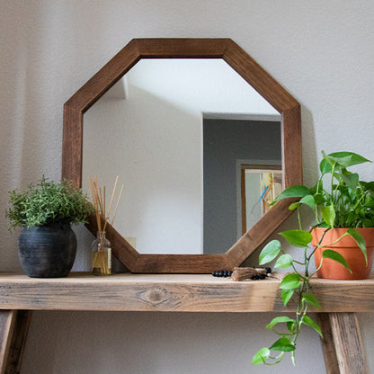 Octagonal Natural Wood Frame Wall Mirror for Farmhouse Decor – view 7