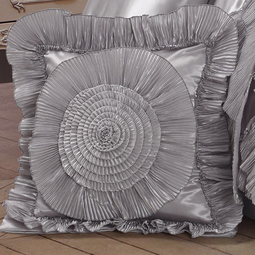 Silver Satin Ruffle Rose Petals Comforter Set, 6-Piece – view 6
