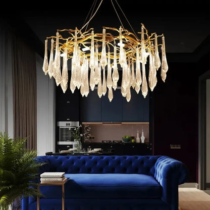 Linear crystal water drop chandelier with clear crystals above a dining table