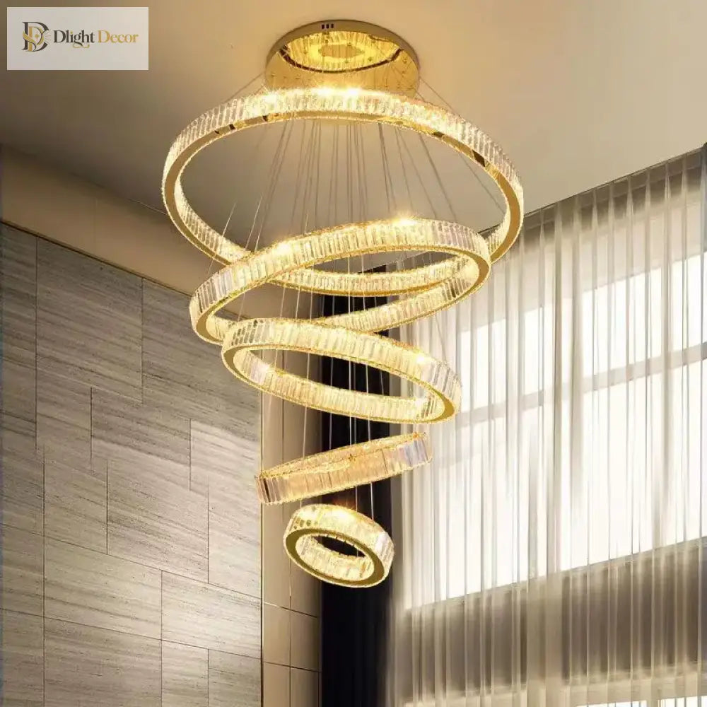 Modern Multi-Ring Crystal Chandelier in Gold or Chrome – view 2