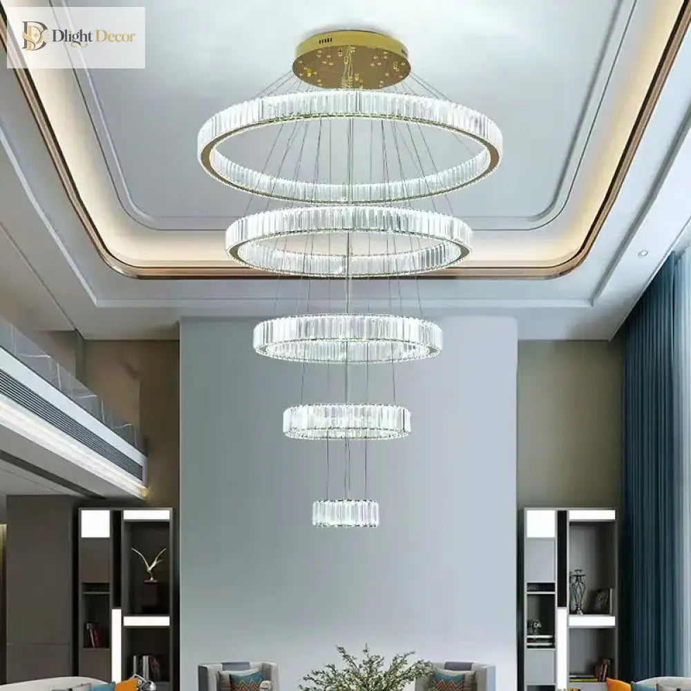 Modern Multi-Ring Crystal Chandelier in Gold or Chrome – view 4