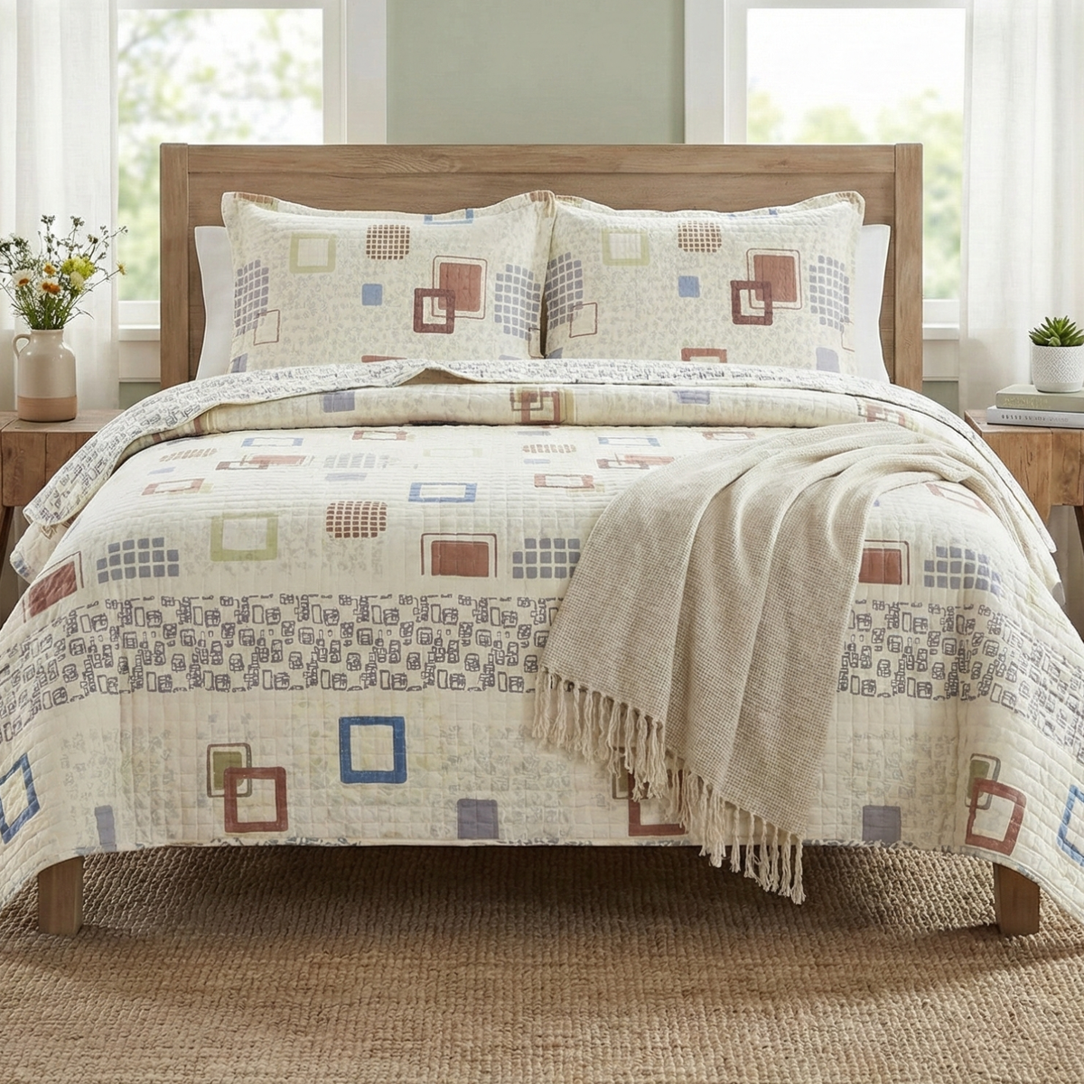 Ivory and pastel geometric cubic squares cotton quilt bedspread with scalloped edges in a bedroom