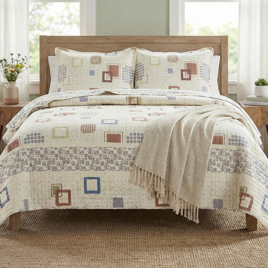Ivory and pastel geometric cubic squares cotton quilt bedspread with scalloped edges in a bedroom