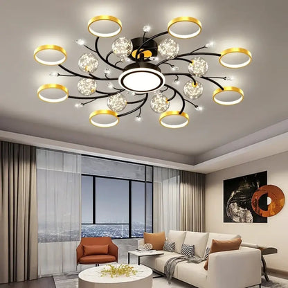 Modern black and gold starry flush mount ceiling light in a living room