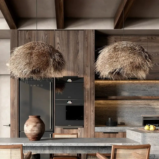 Woven rattan Wabi-Sabi pendant light hanging above a bedside table in a warm bedroom