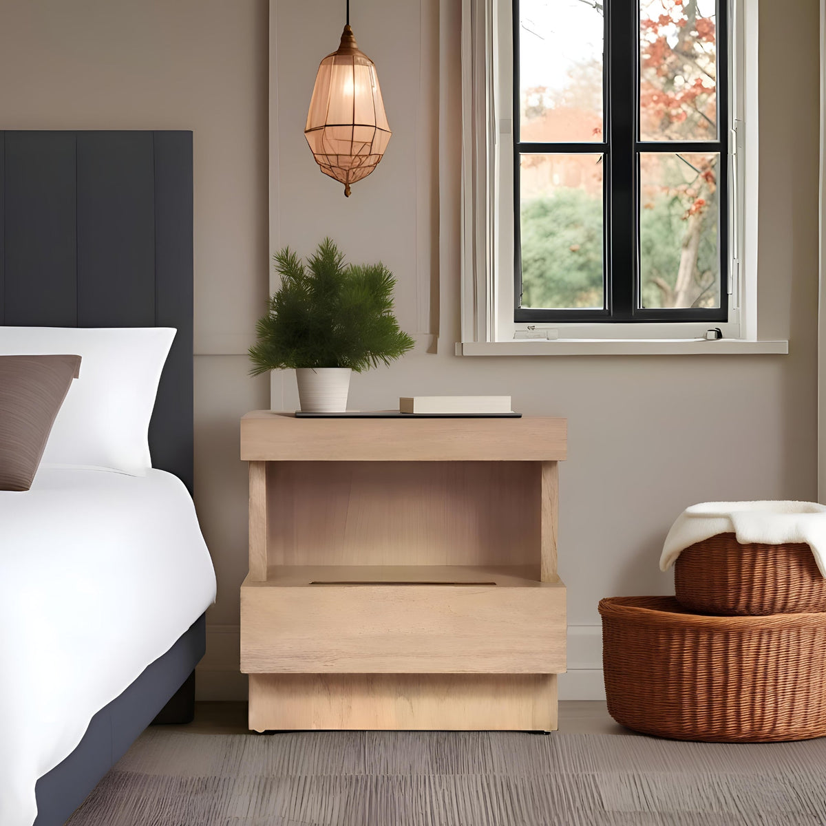 Oak Mona Nightstand with Soft-Close Drawer and Fixed Shelf