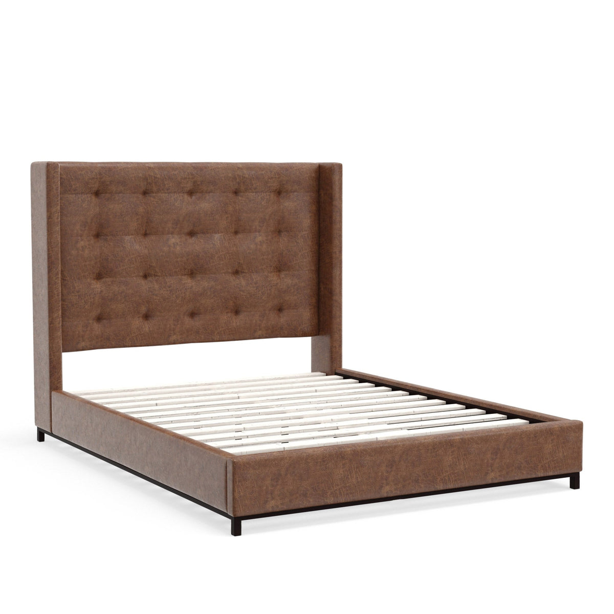 Mundo Platform Bed with Tufted Wingback Headboard, Brown Faux Suede – view 6