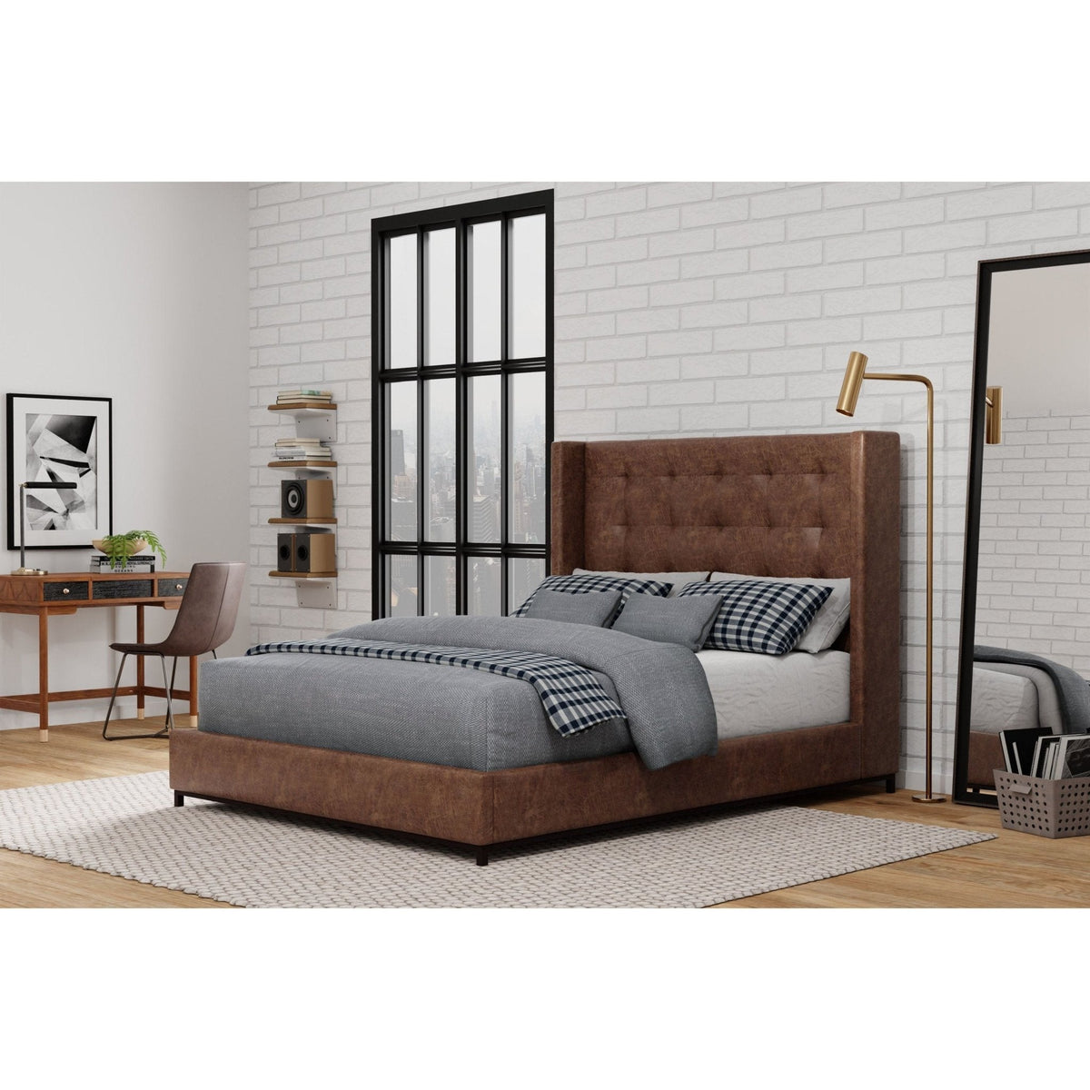Brown Faux Suede Platform Bed with Tufted Wingback Headboard