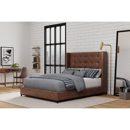 Brown Faux Suede Platform Bed with Tufted Wingback Headboard