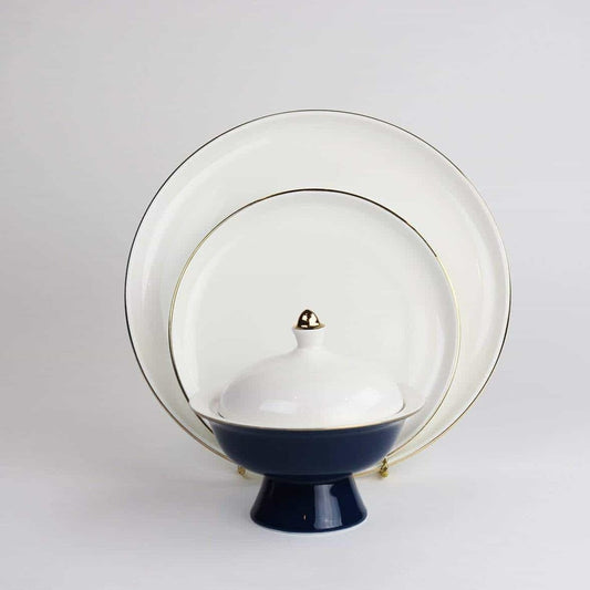Navy Versaille Soup Bowls with Gold-Studded Lids, Set of Four