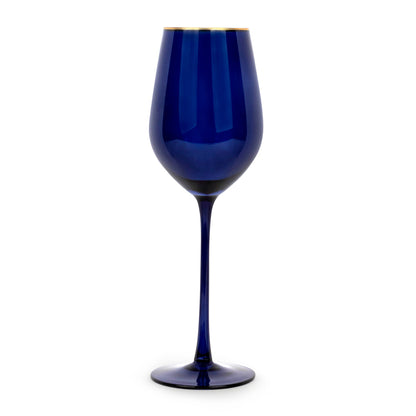 Navy Gloss Glass Wine Glasses with 14k Gold Rim, Set of Four
