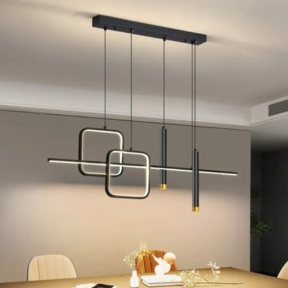 Black Nordic linear pendant light hanging above a dining table in a Scandinavian-style room