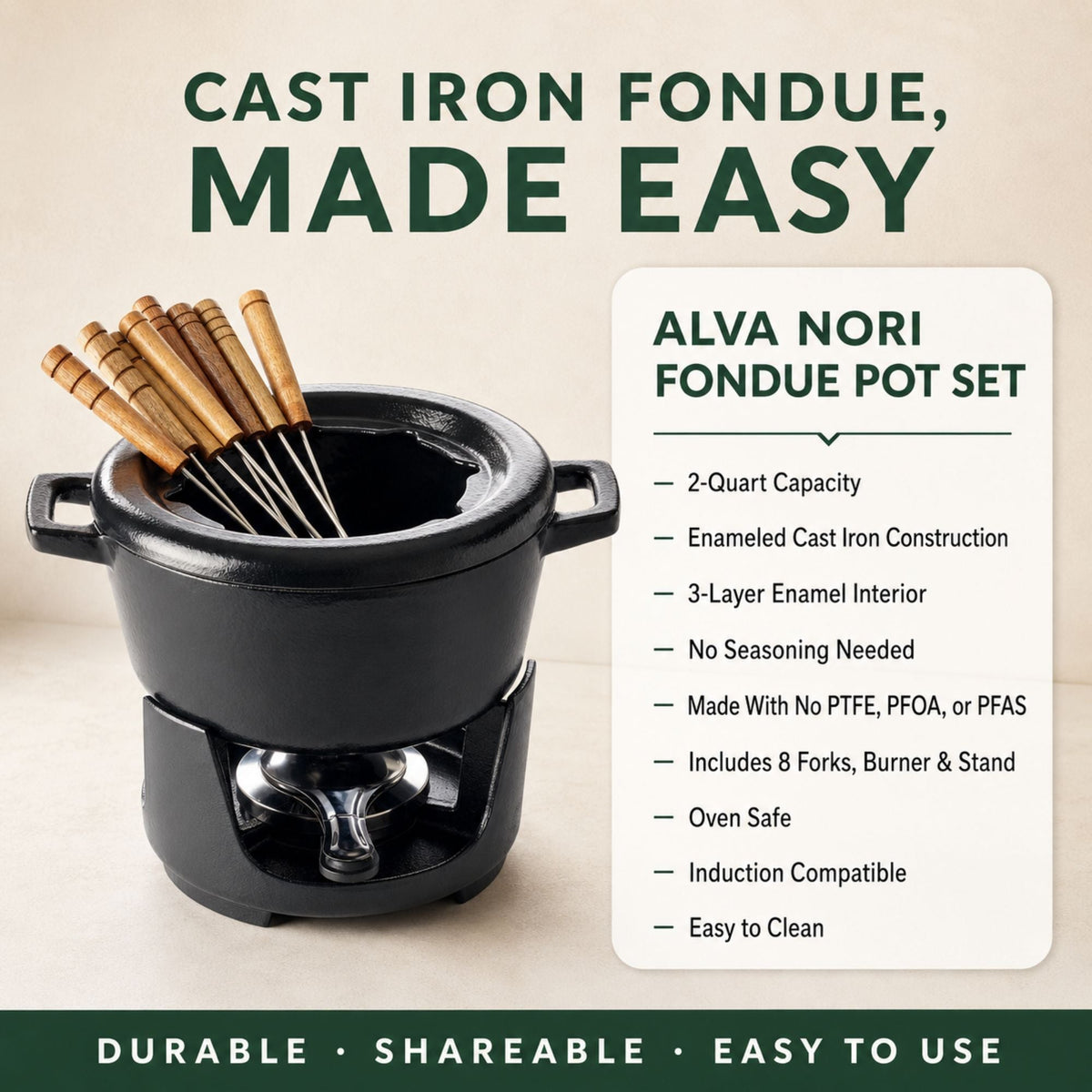 8-Piece Enameled Cast Iron Fondue Set with Burner and Forks – view 3