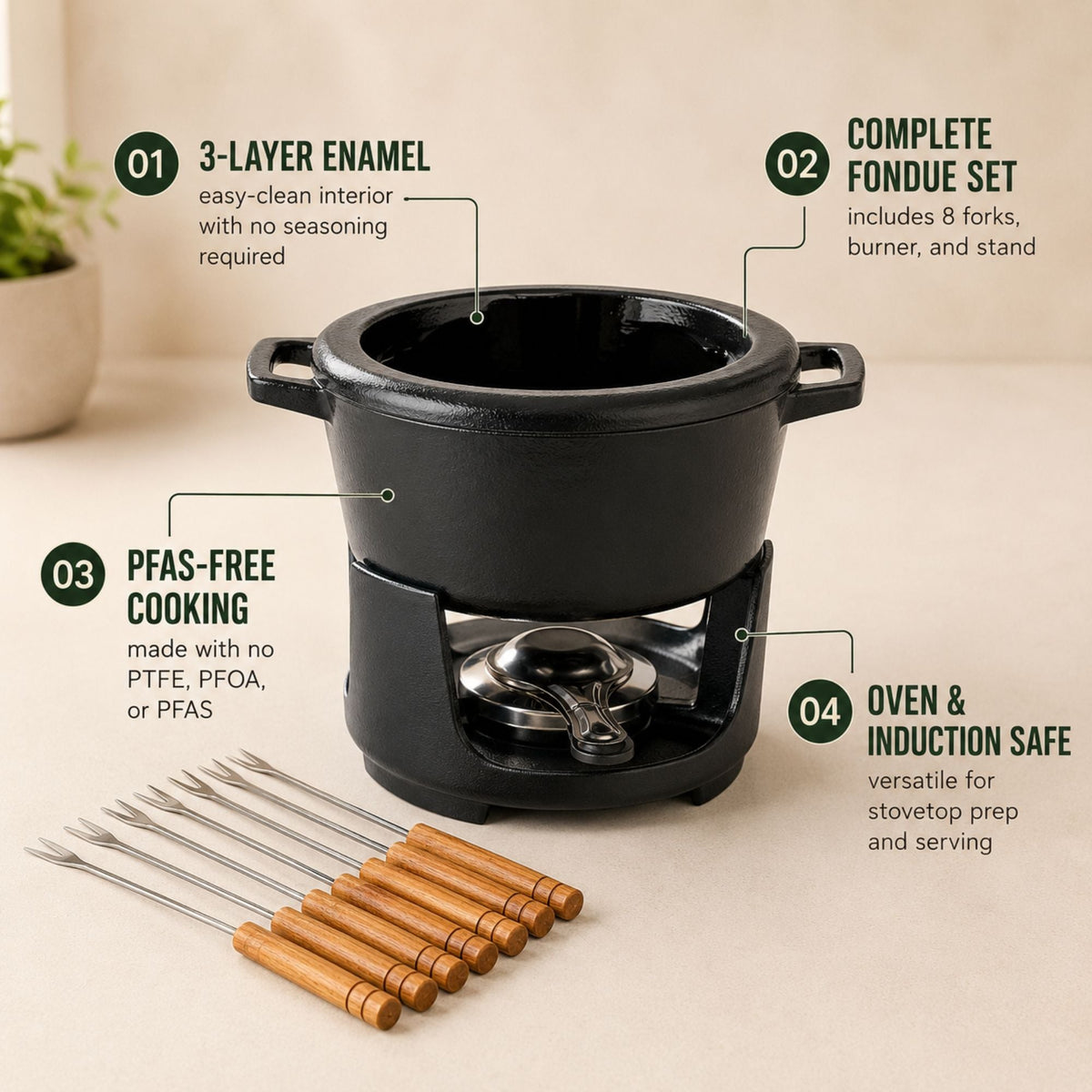 8-Piece Enameled Cast Iron Fondue Set with Burner and Forks – view 4