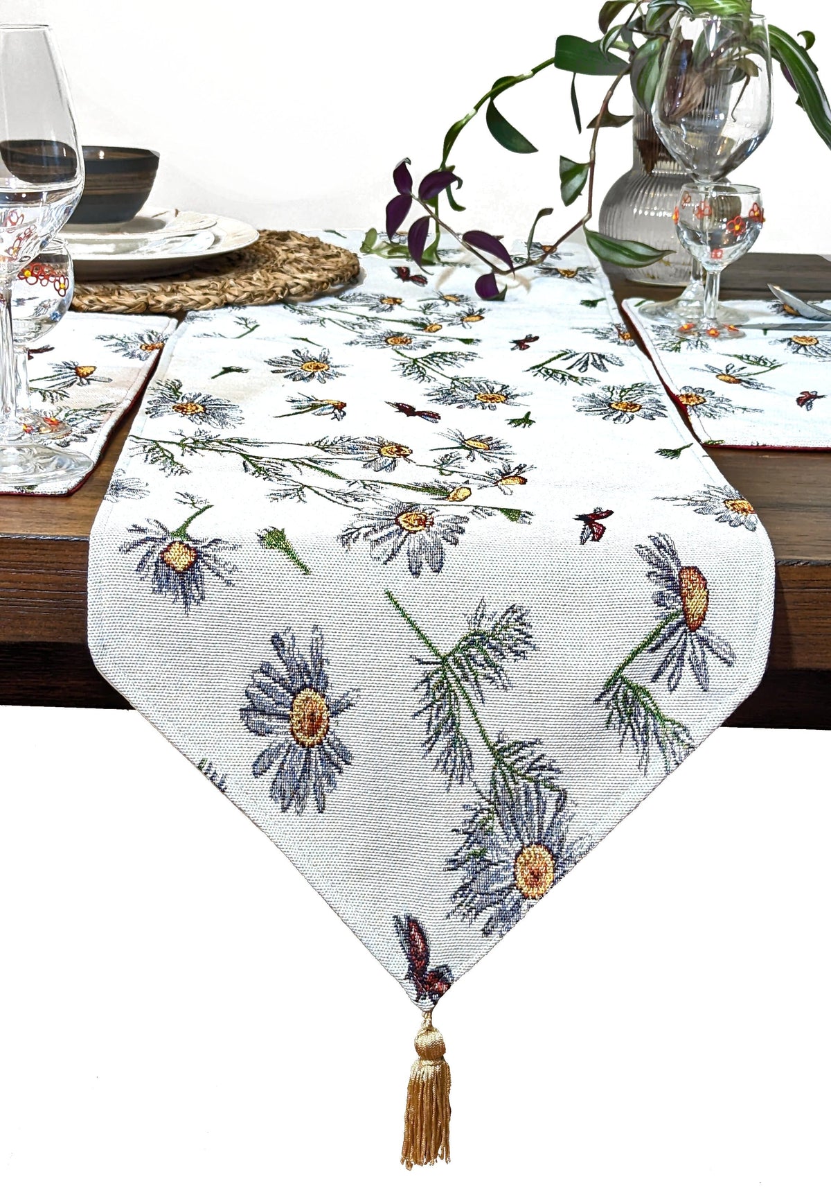 Yellow Daisies and Ladybugs Ivory Woven Tapestry Table Runner – view 2