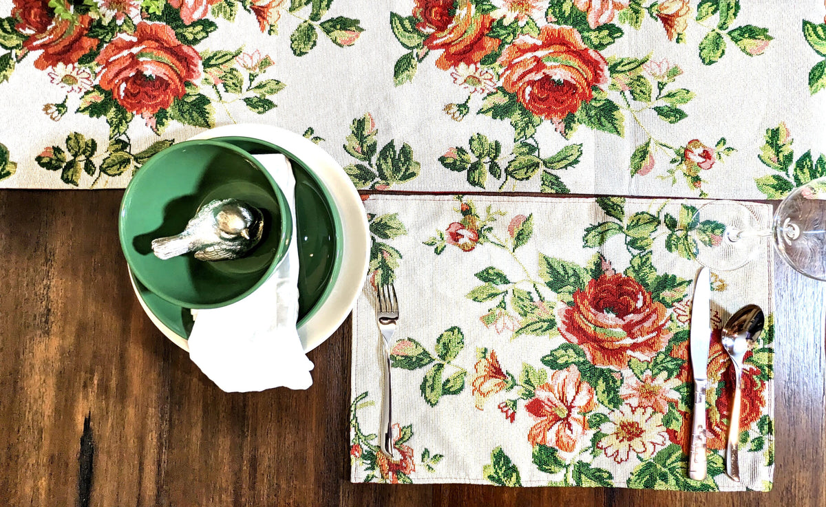 Woven Tapestry Sweet Roses Placemat Set, Vintage Ivory