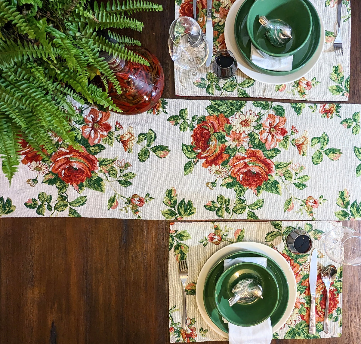 Sweet Roses Vintage Ivory Woven Floral Tapestry Table Runner – view 4