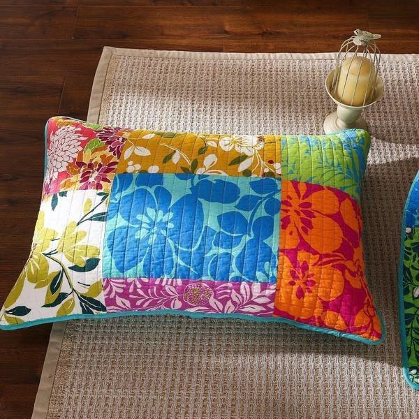 Cotton Patchwork Pillow Sham with Tropical Floral Print