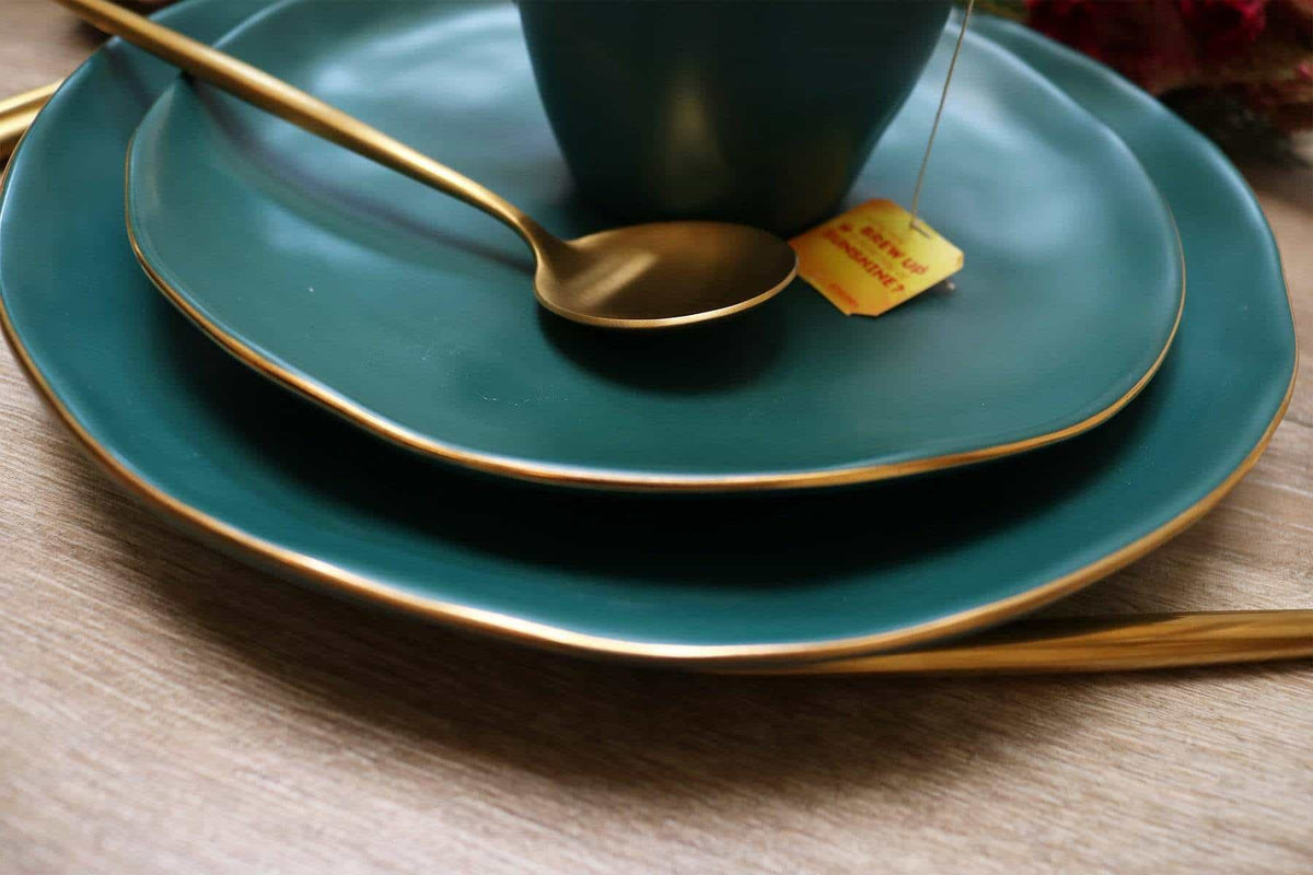 Pine Green Ceramic Soup Bowls with Gold Rim, Set of 4 – view 3