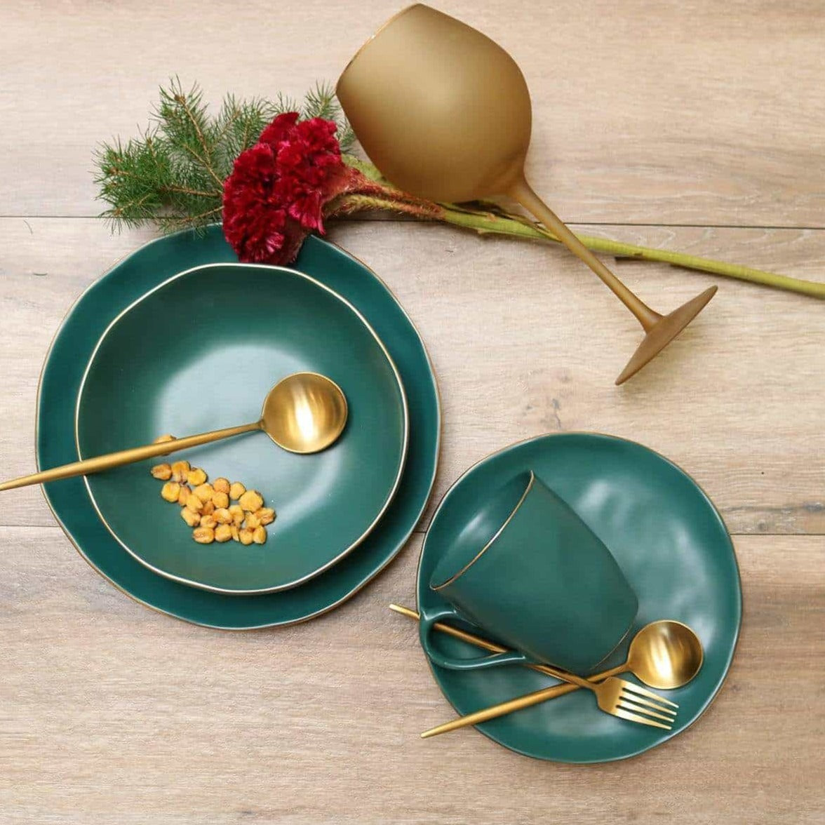 Pine Green Ceramic Soup Bowls with Gold Rim, Set of 4 – view 2