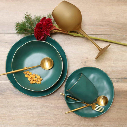 Pine Green Ceramic Soup Bowls with Gold Rim, Set of 4 – view 2