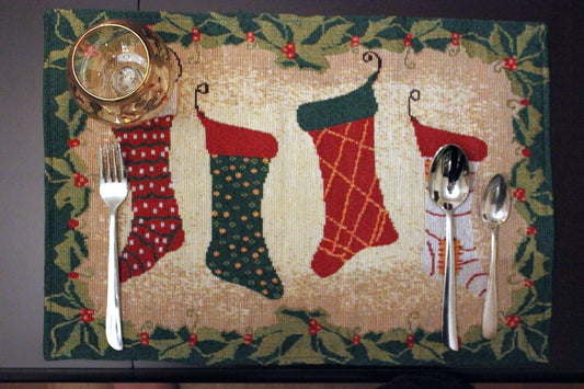 Cotton Polyester Placemat Set, Festive Stocking Design (Set of 4)