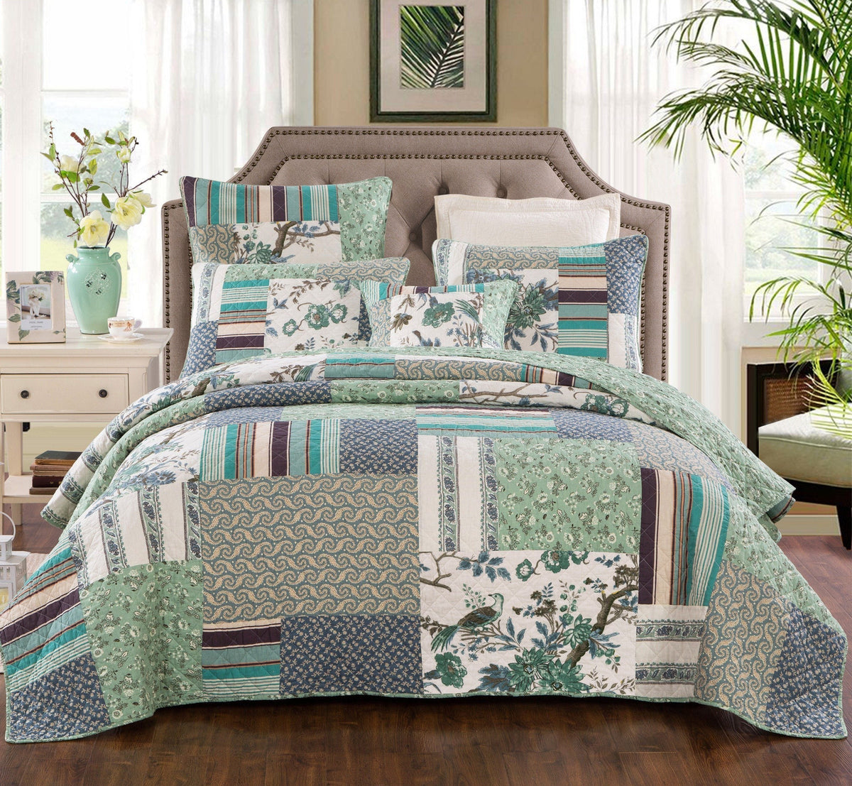 Forest Glade Green Floral Cotton Quilted Patchwork Bedspread Set – view 7