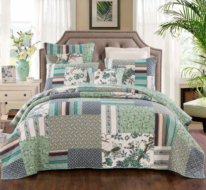 Forest Glade Green Floral Cotton Quilted Patchwork Bedspread Set – view 7