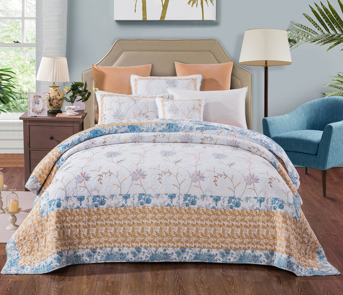 Coastal Cottage Cotton Patchwork Quilt Set, White, Blue, Yellow Floral