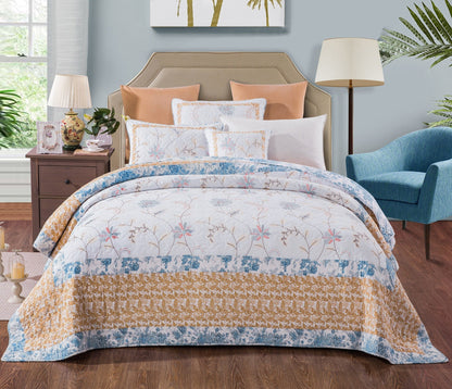 Coastal Cottage Cotton Patchwork Quilt Set, White, Blue, Yellow Floral
