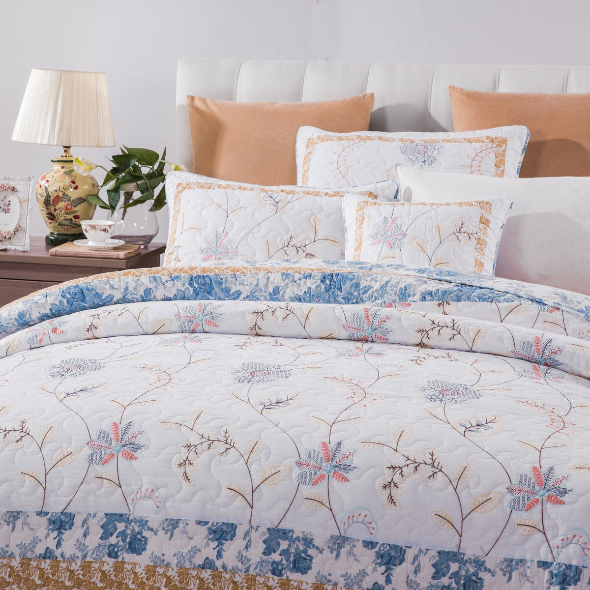Coastal Cottage Cotton Patchwork Quilt Set, White, Blue and Yellow Floral – view 3