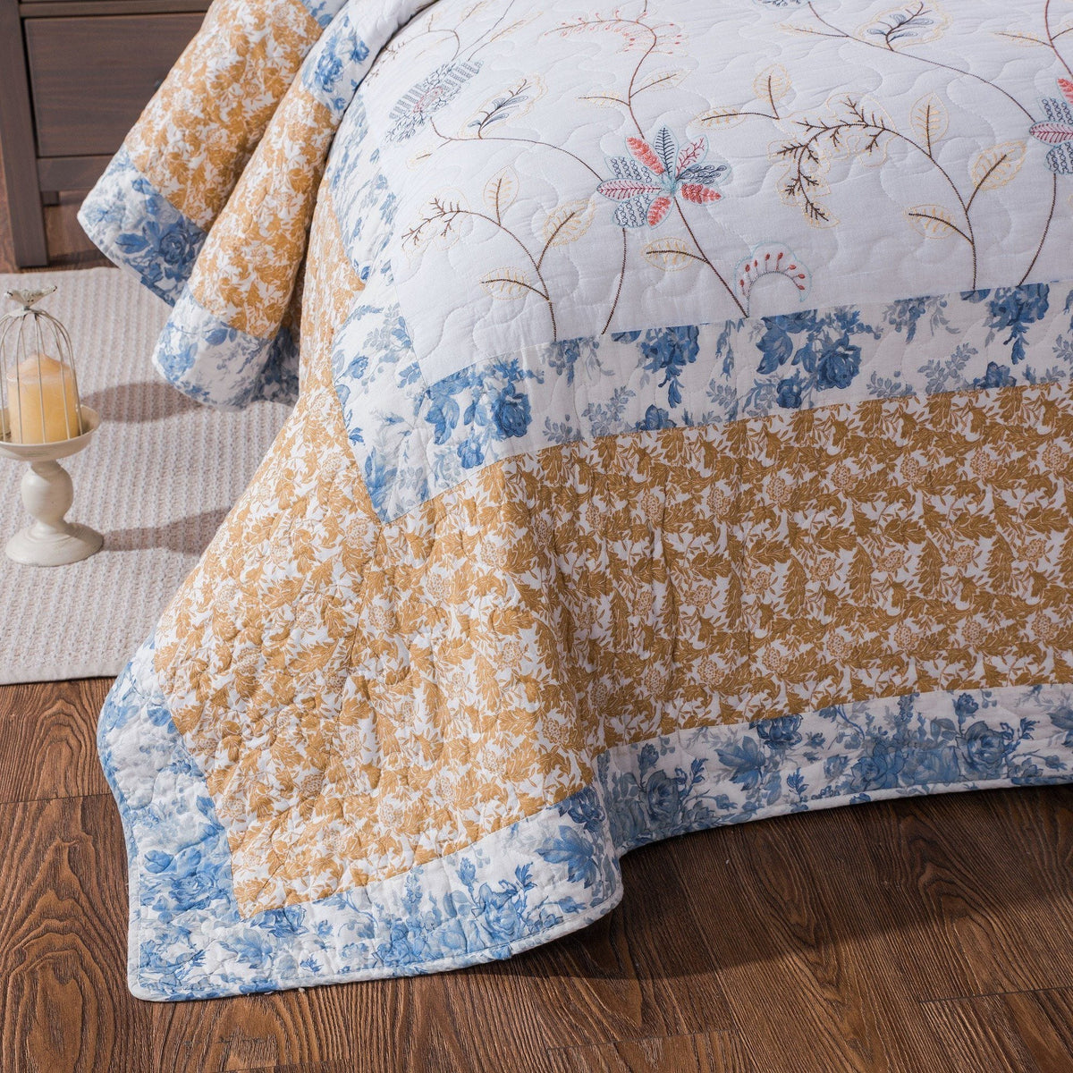 Coastal Cottage Cotton Patchwork Quilt Set, White, Blue and Yellow Floral – view 4