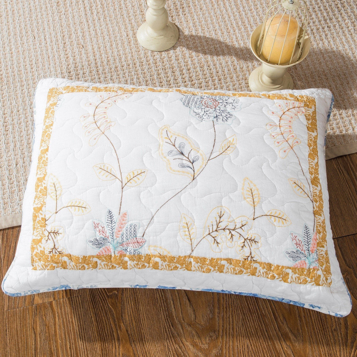 Coastal Cottage Cotton Patchwork Quilt Set, White, Blue and Yellow Floral – view 5