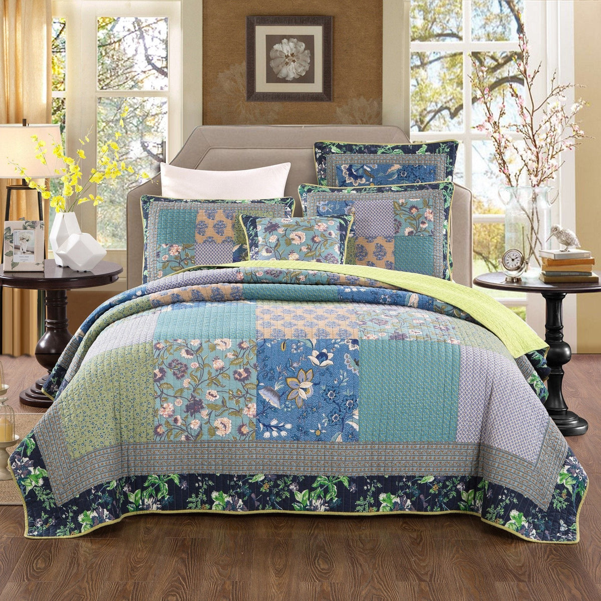 Bohemian Tropical Calla Lily Cotton Quilted Patchwork Bedspread Set – view 7