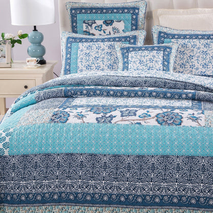 Blue Elegance Floral Cotton Patchwork Bedspread Coverlet Quilt Set – view 3