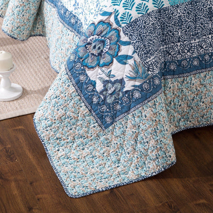 Blue Elegance Floral Cotton Patchwork Bedspread Coverlet Quilt Set – view 4