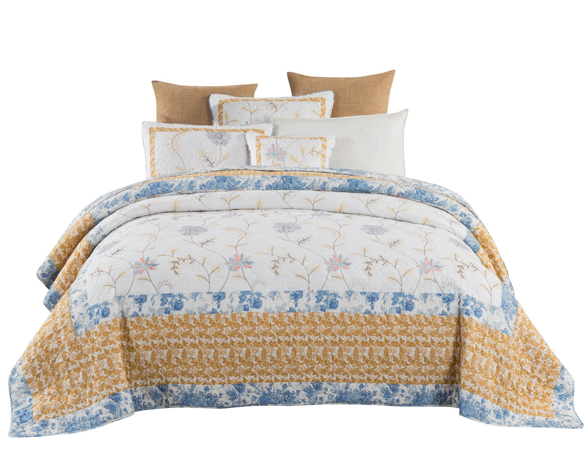 Coastal Cottage Cotton Patchwork Quilt Set, White, Blue and Yellow Floral – view 9