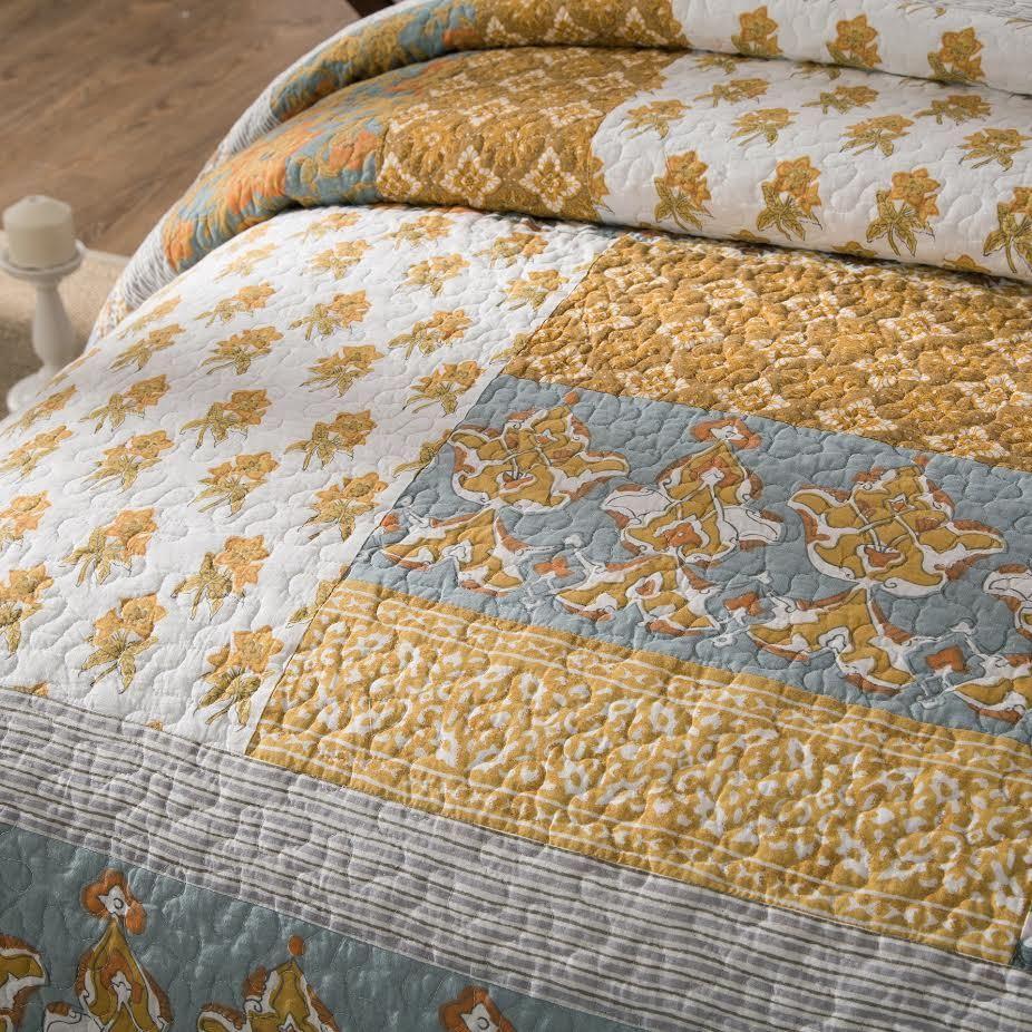 Gilded Garden Gold Floral 100% Cotton Quilt Bedspread Set – view 2