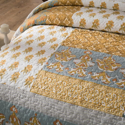 Gilded Garden Gold Floral 100% Cotton Quilt Bedspread Set – view 2