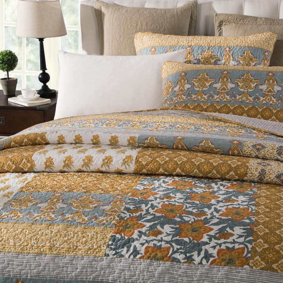 Gilded Garden Gold Floral 100% Cotton Quilt Bedspread Set – view 3