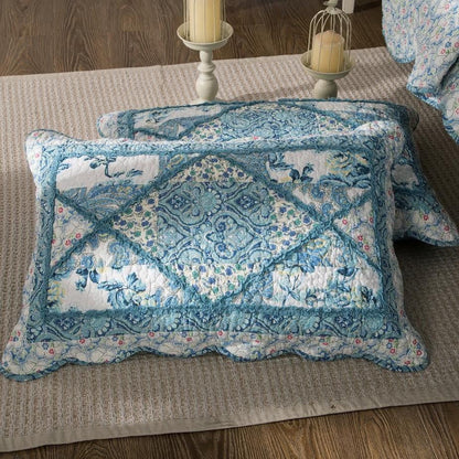 Petal Dance Blue and White Floral Scalloped Cotton Patchwork Quilt Set – view 5